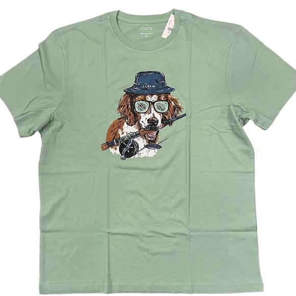 NWT J. Crew Men's Green W/Fishing Dog Graphic Tee - Picture 2 of 11